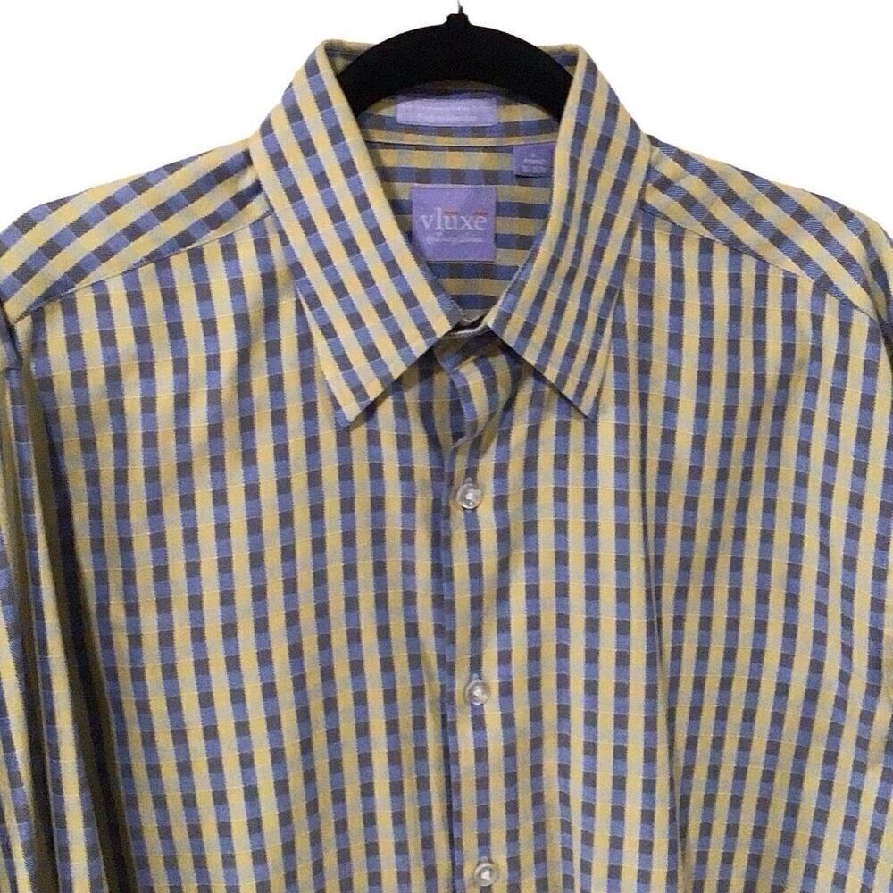 Men’s Shirt, VLuxe Mens Shirt, size L, 34/35 sleeves, yellow and blue stripe